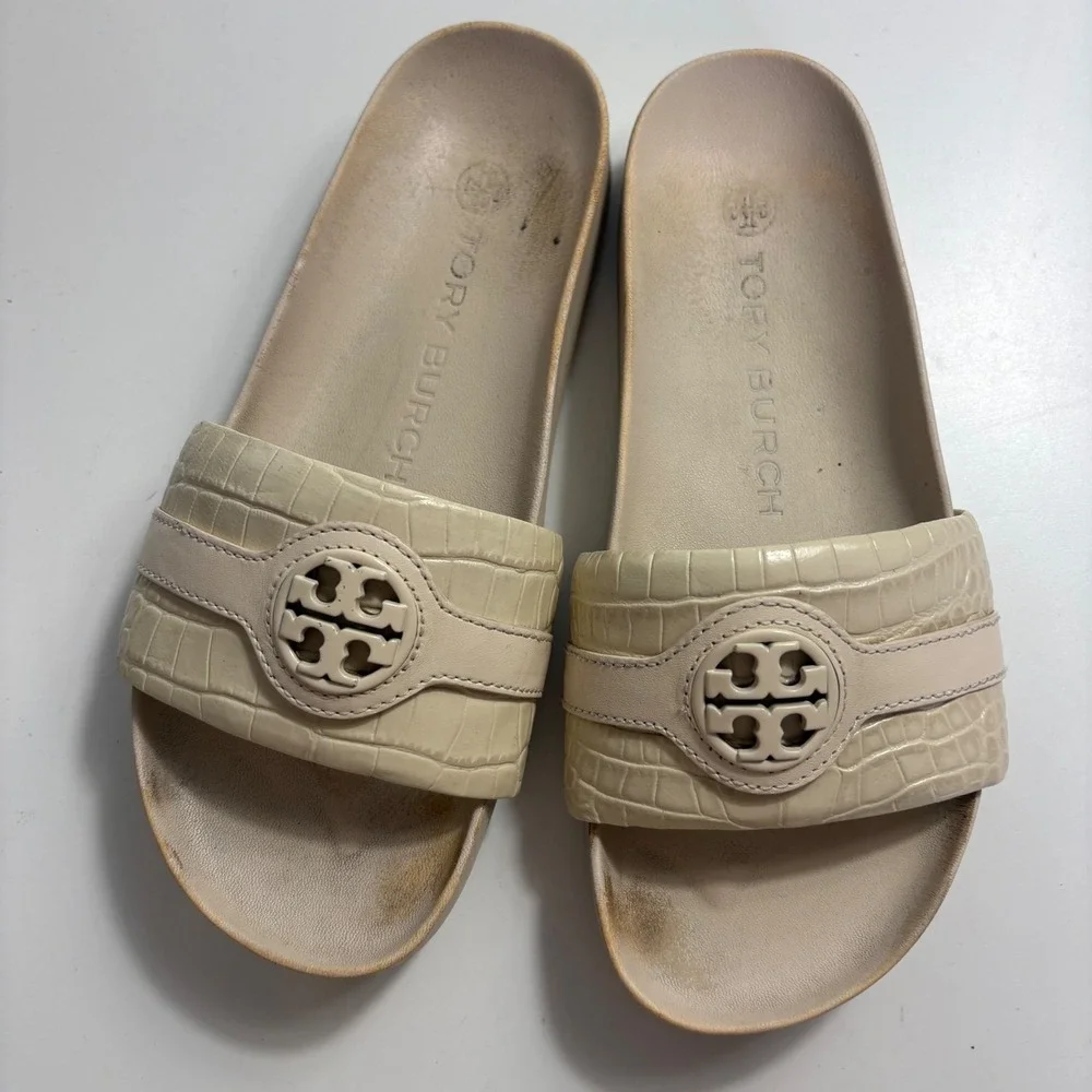Tory Burch Miller Cloud Cream Croc Embossed Leather Slide Sandals 8M